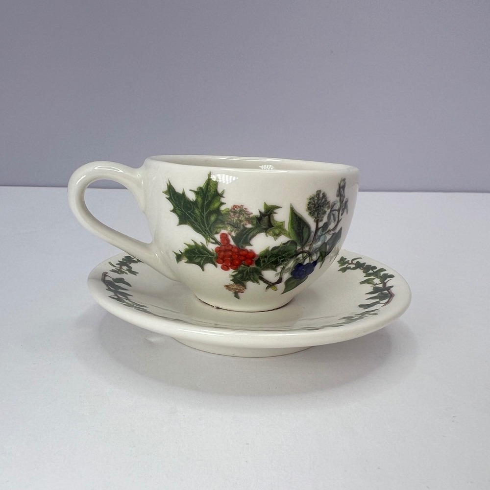 Portmeirion Christmas Ornament Holly and Ivy Tea Cup Saucer Set Holiday Cottage
